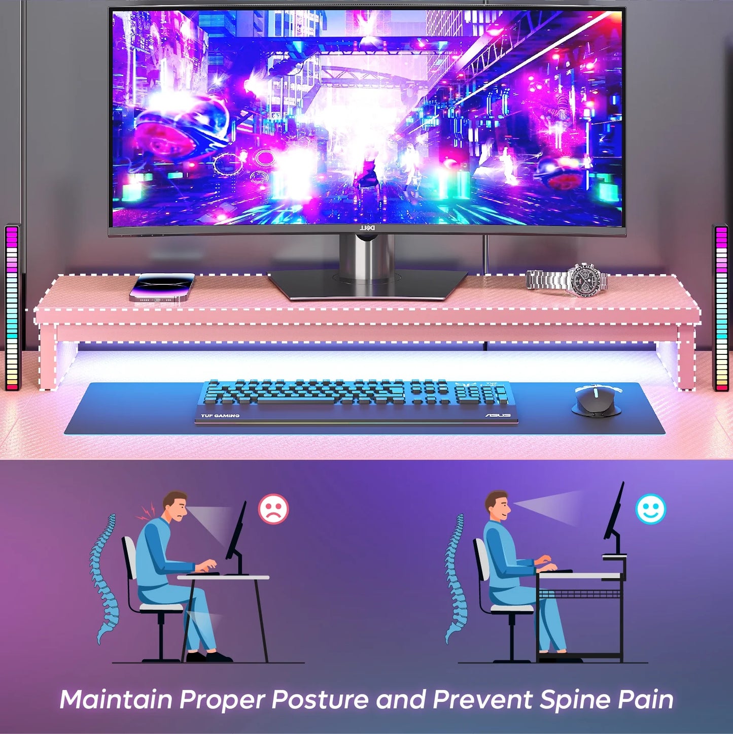 59 Inch Gaming Desk with LED Lights, U-Shaped Computer Desk with Monitor Stand, Hooks and Cup Holder, Home Office Desk, Pink