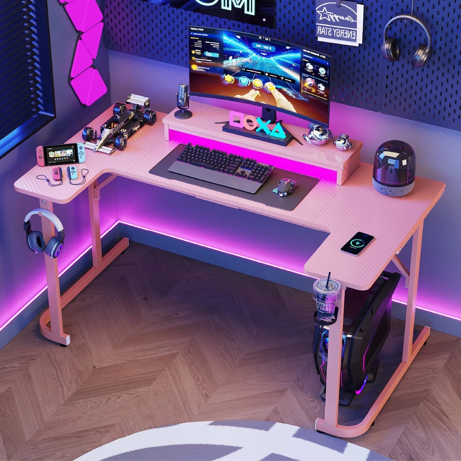 59 Inch Gaming Desk with LED Lights, U-Shaped Computer Desk with Monitor Stand, Hooks and Cup Holder, Home Office Desk, Pink