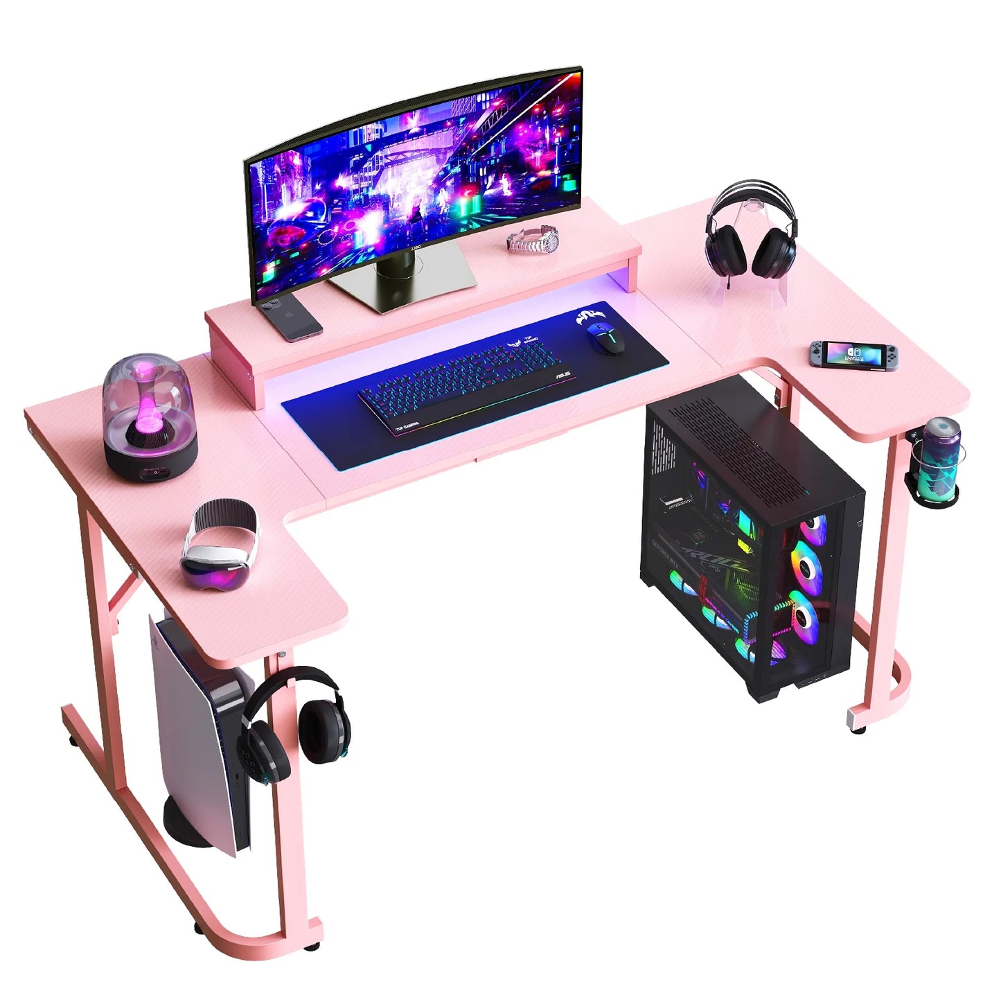 59 Inch Gaming Desk with LED Lights, U-Shaped Computer Desk with Monitor Stand, Hooks and Cup Holder, Home Office Desk, Pink