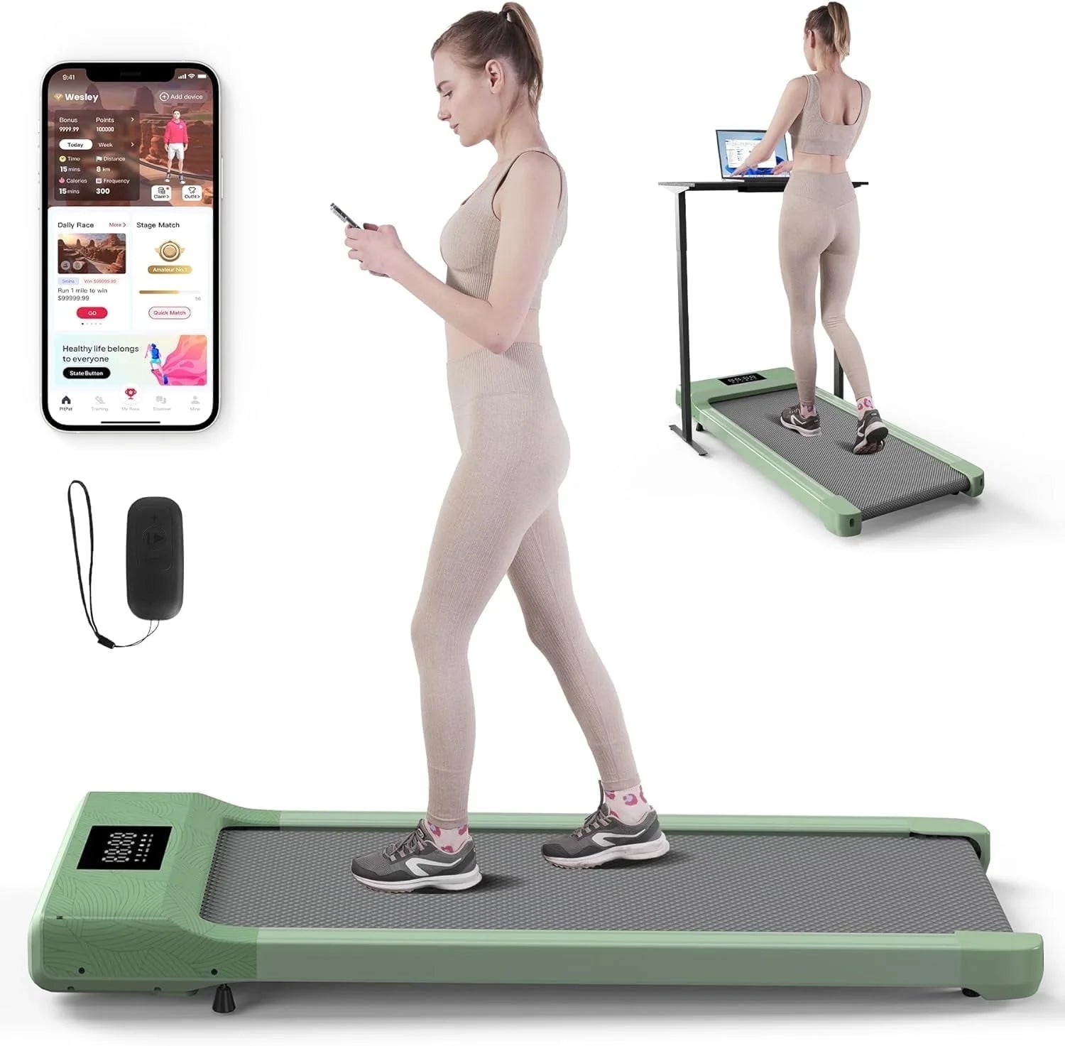 Walking Pad 300Lb, under Desk Treadmil Lwith Remote Control,0.6-3.8Mph Walking Pad Treadmill (Green)