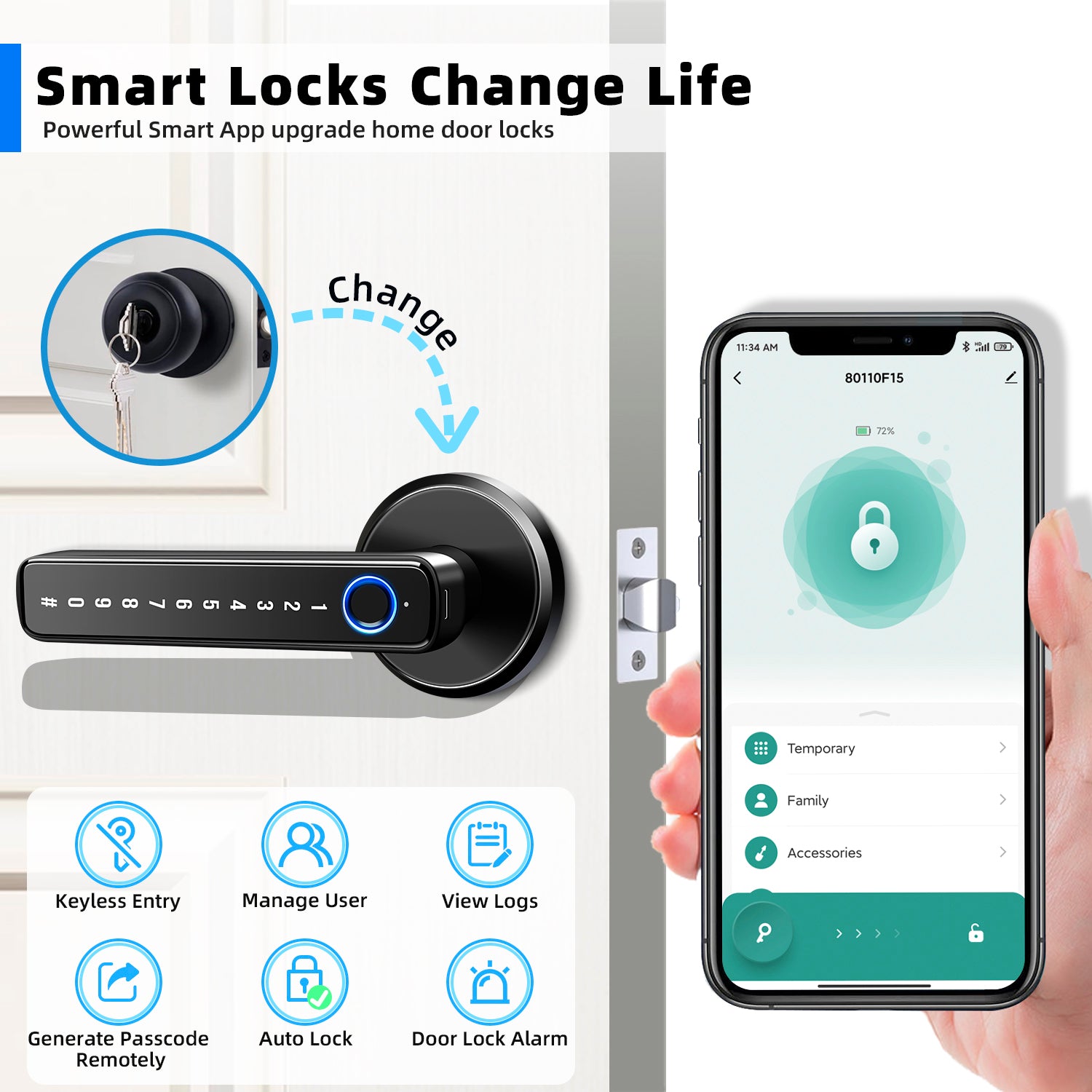 Fingerprint Door Lock, Smart Lock Keyless Entry Deadbolt with Keypad,4-In-1 Fingerprint Door Knob with APP Control, Smart Door Locks for Bedroom Home Hotel Office Apartment