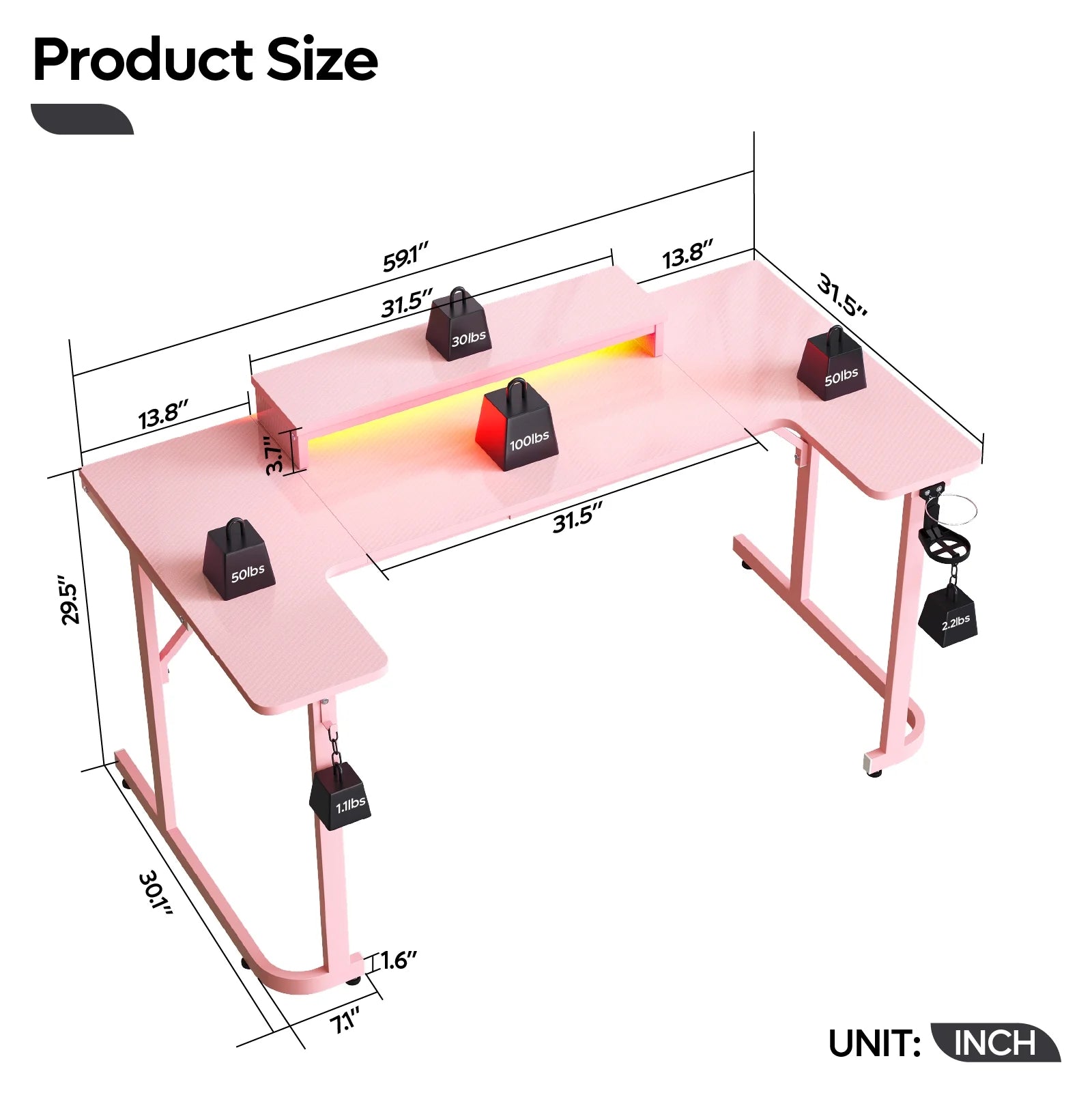 59 Inch Gaming Desk with LED Lights, U-Shaped Computer Desk with Monitor Stand, Hooks and Cup Holder, Home Office Desk, Pink