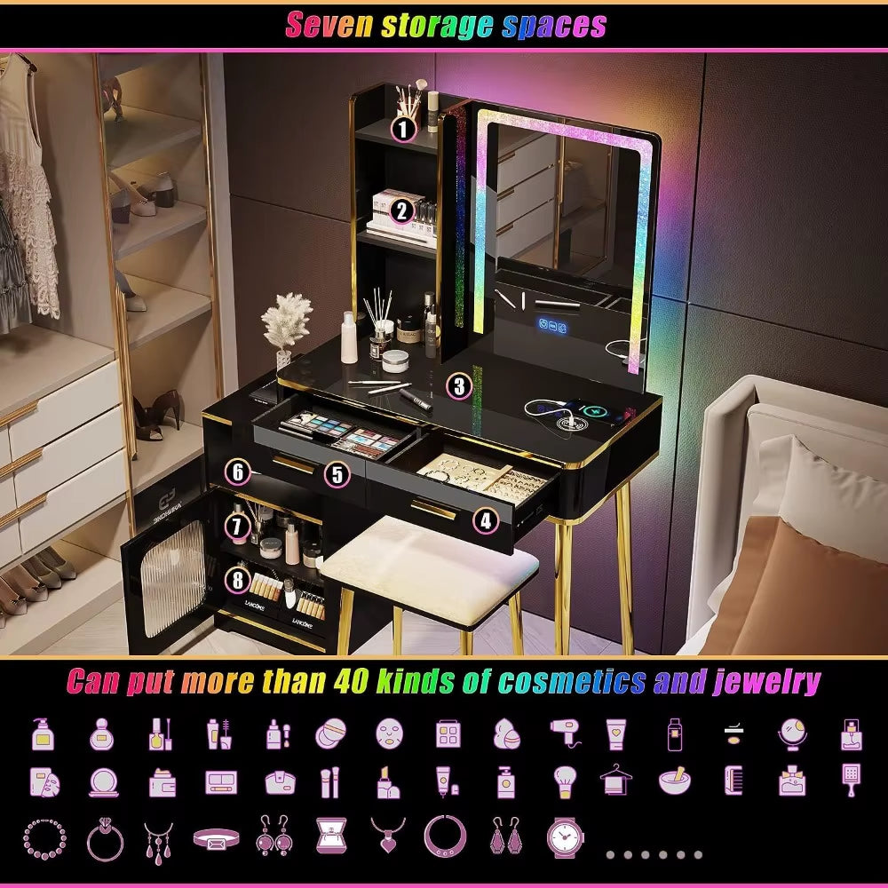 Makeup Vanity with Mirror: Makeup Desk - Dressing Table with Drawers - Vanity Set with RGB LED Lights&Wireless Charging Station