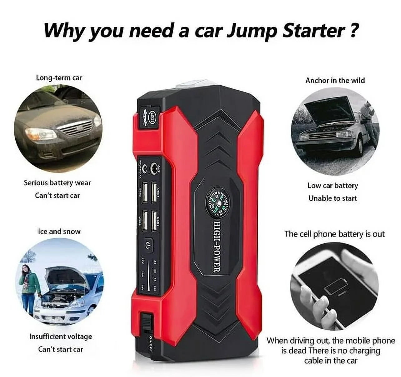 99800Mah Car Jump Starter, Peak Car Battery Charger, 12V Jump Box Jumper Battery Pack, Portable Charger, Emergency LED Light, Escape Safty Hammer, Compass