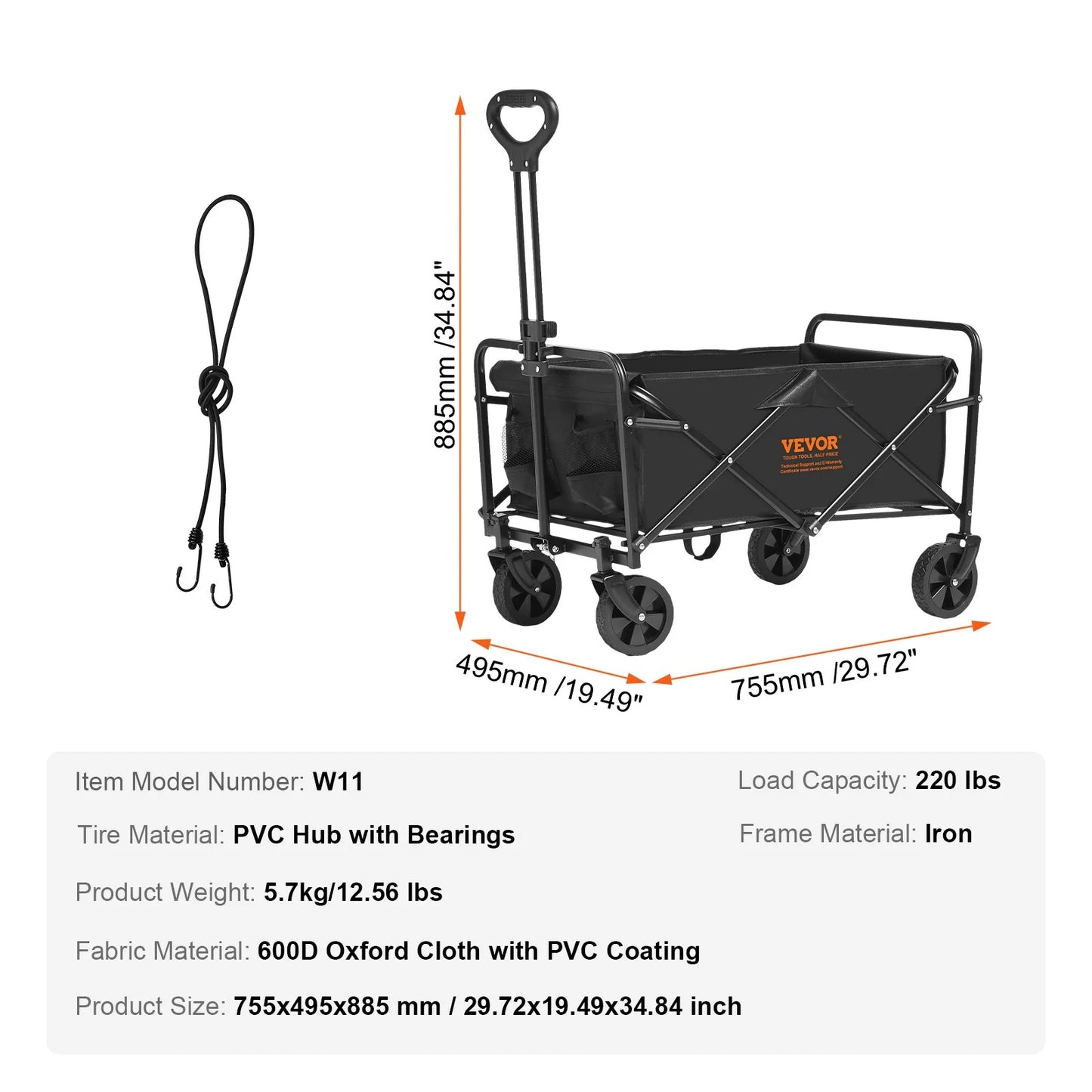 VEVOR Collapsible Folding Wagon, 2 Cu.Ft Beach Wagon Cart with All-Terrain 5In Wheels, Heavy Duty Folding Wagon Cart 220 Lbs Weight Capacity with Drink Holders, Sports Wagon for Camping, Shopping, Gar