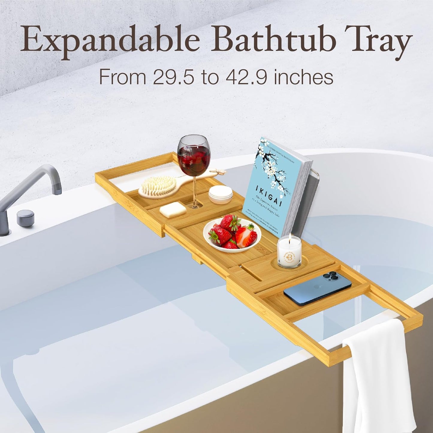 Bathtub Tray Caddy - Premium Bamboo Expandable Bath Tub Tray Table, Luxurious Wooden Bath Caddy for Books, Tablets, Wine, Bathroom Accessories, Spa Essentials, Housewarming, Wedding