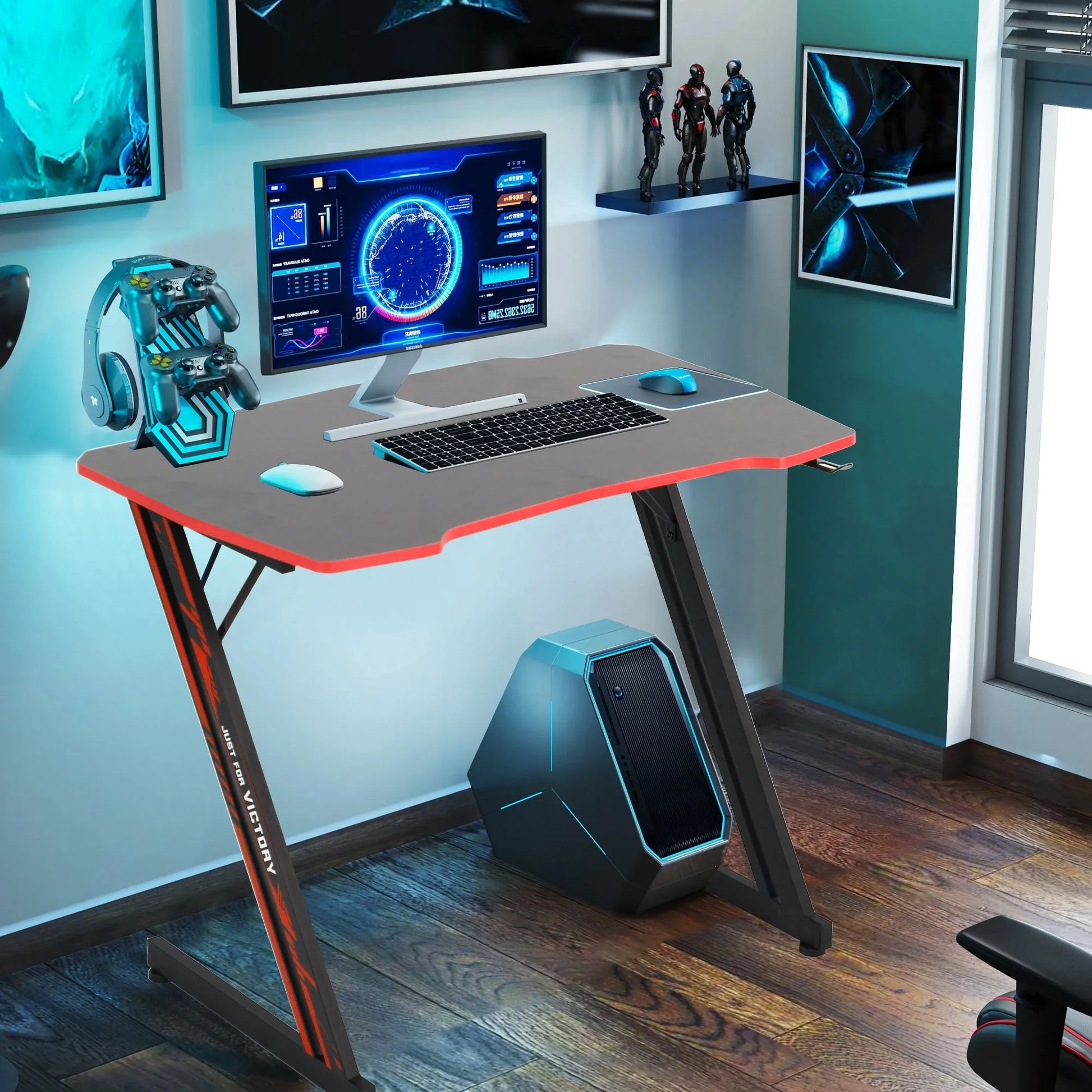 Z-Shaped Gaming Desks with Headphone Hook and Adjustable Feet Gaming Table Desk, Red