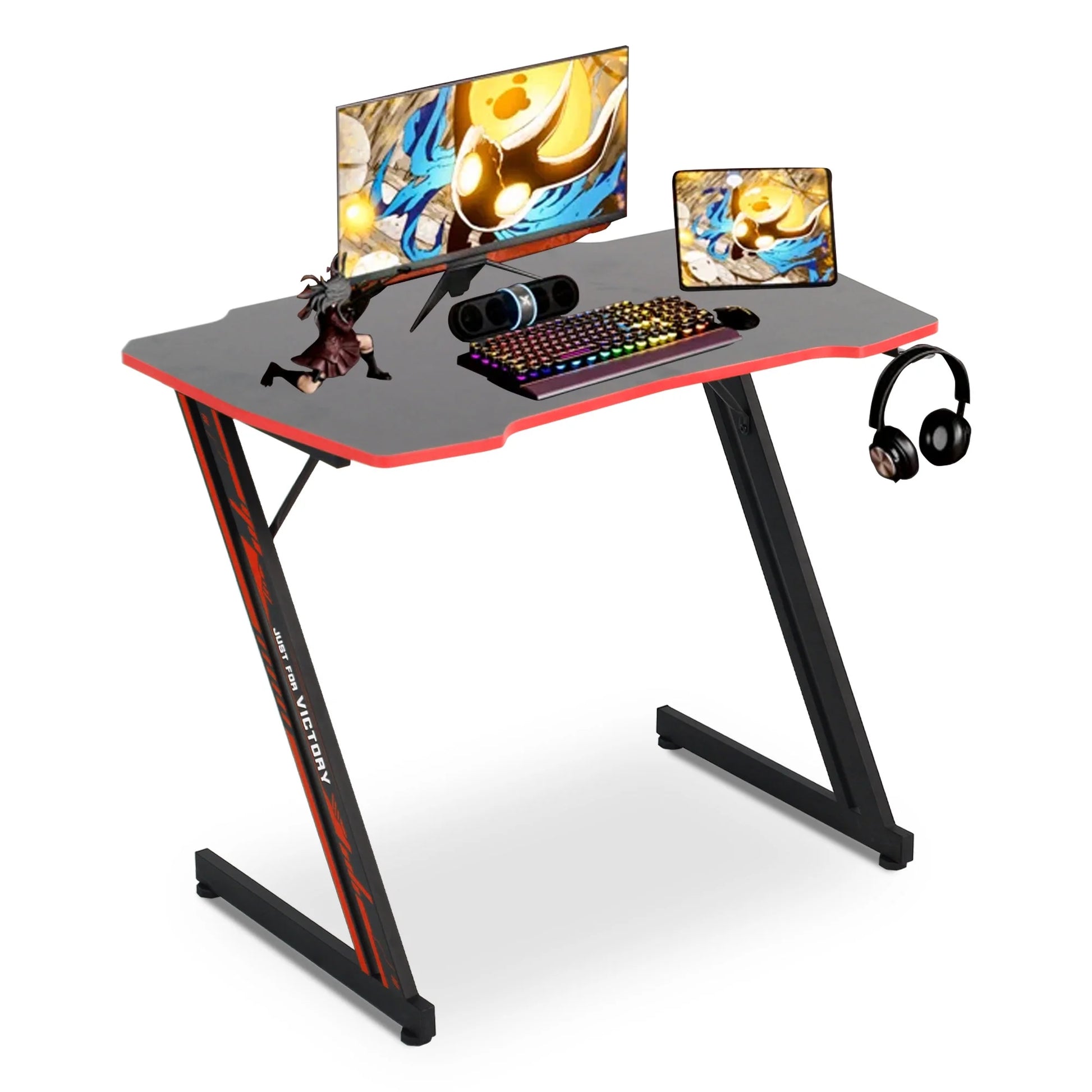 Z-Shaped Gaming Desks with Headphone Hook and Adjustable Feet Gaming Table Desk, Red