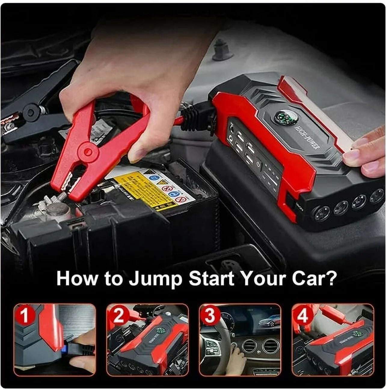 99800Mah Car Jump Starter, Peak Car Battery Charger, 12V Jump Box Jumper Battery Pack, Portable Charger, Emergency LED Light, Escape Safty Hammer, Compass