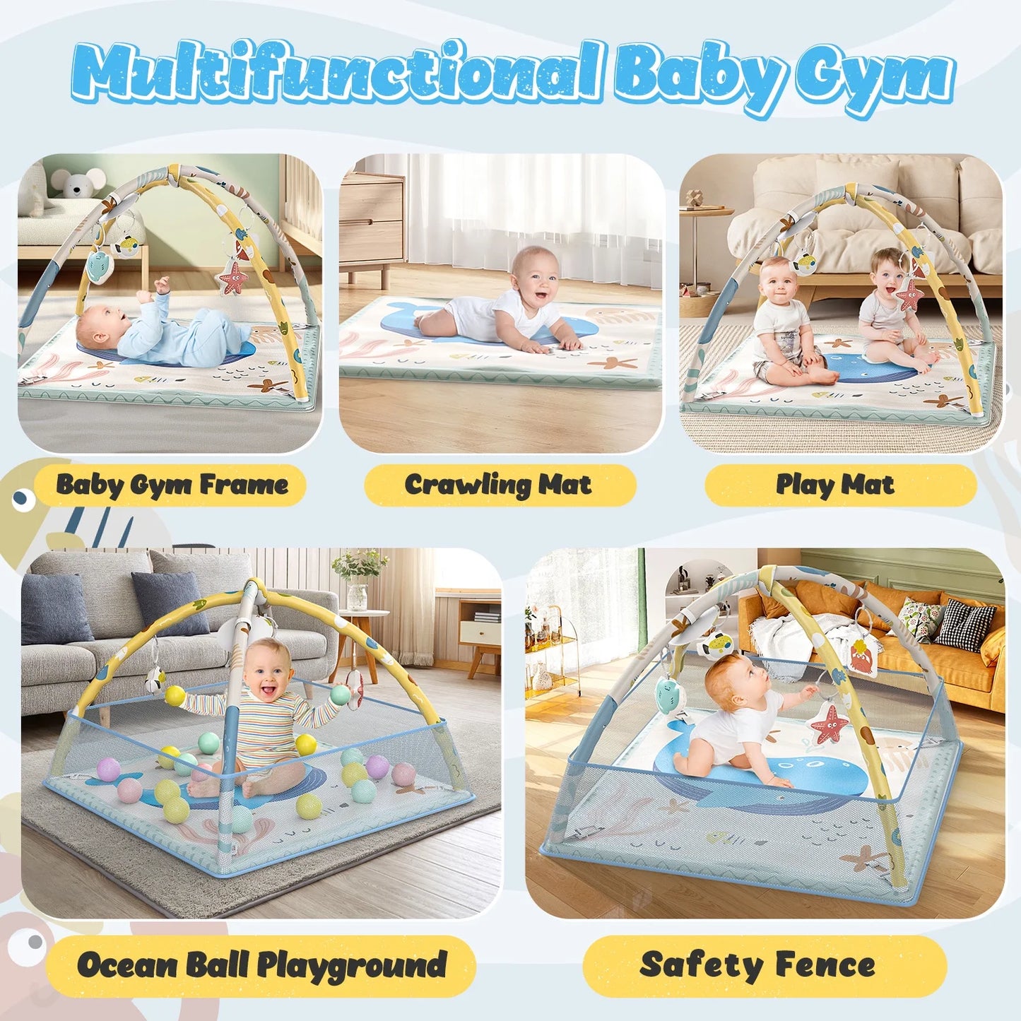 5-In-1 Baby Gym & Play Mat, Tummy Time Toys with Sensory Toys & 18 Balls for Newborns and Infants 0-12 Months, Whale