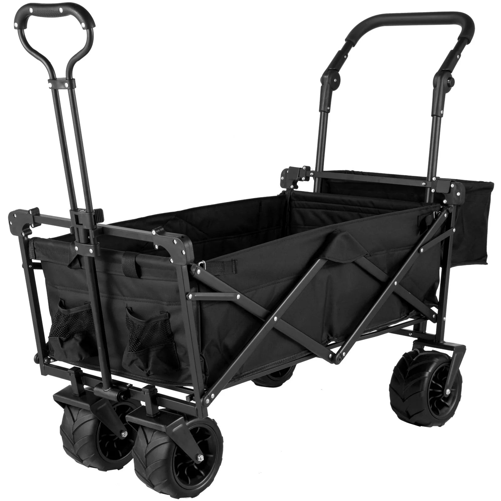 VEVOR Extra Large Collapsible Garden Cart with Removable Canopy, Folding Wagon Utility Carts with Wheels and Rear Storage, Wagon Cart for Garden, Camping, Grocery Cart, Shopping Cart, Black