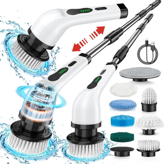 Electric Spin Scrubber, IPX7 Cordless Cleaning Brush with 8 Replaceable Brush Heads, Dual Speed, USB-C Charging, Power Shower Scrubber with Retractable Handle for Bathtub Tile