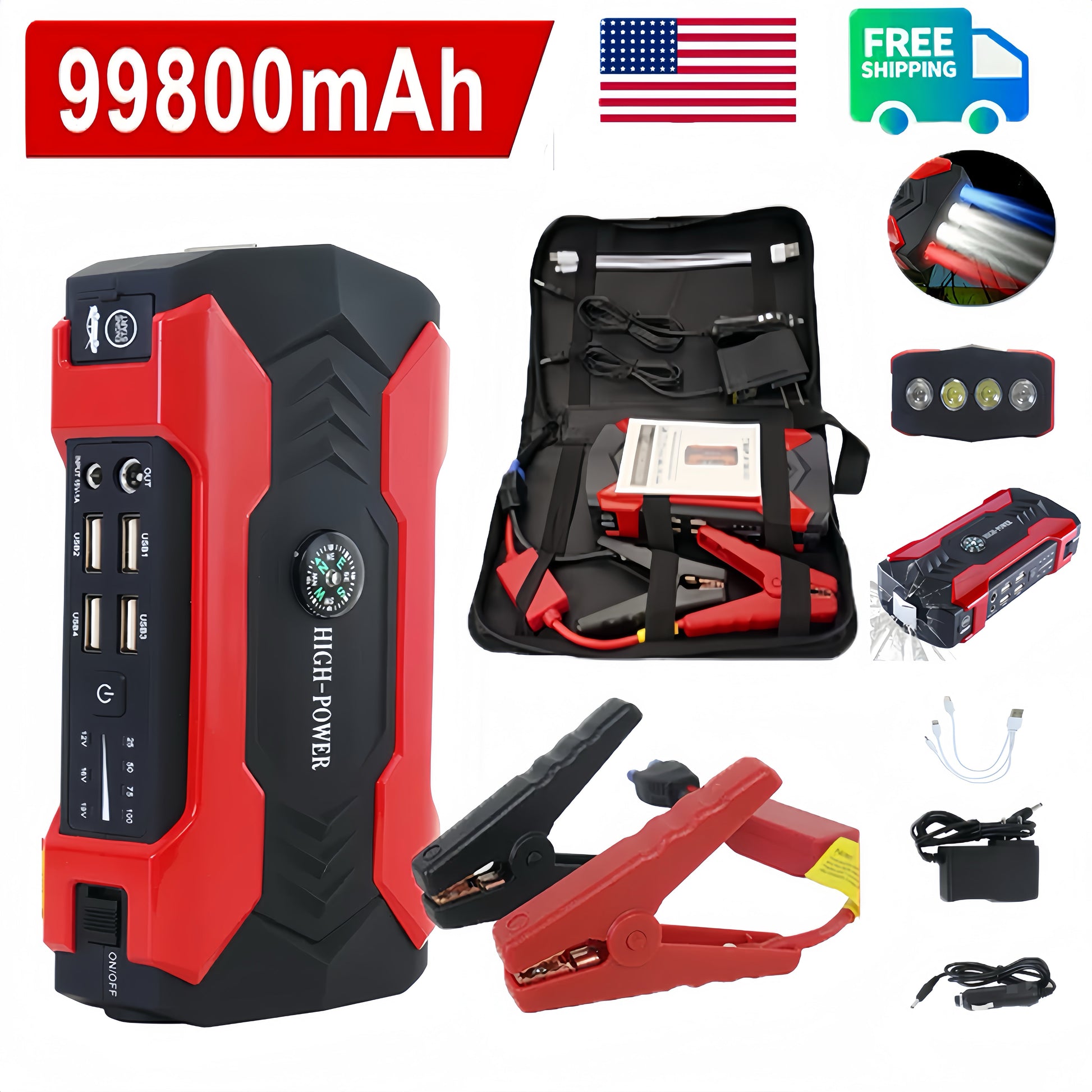 99800Mah Car Jump Starter, Peak Car Battery Charger, 12V Jump Box Jumper Battery Pack, Portable Charger, Emergency LED Light, Escape Safty Hammer, Compass