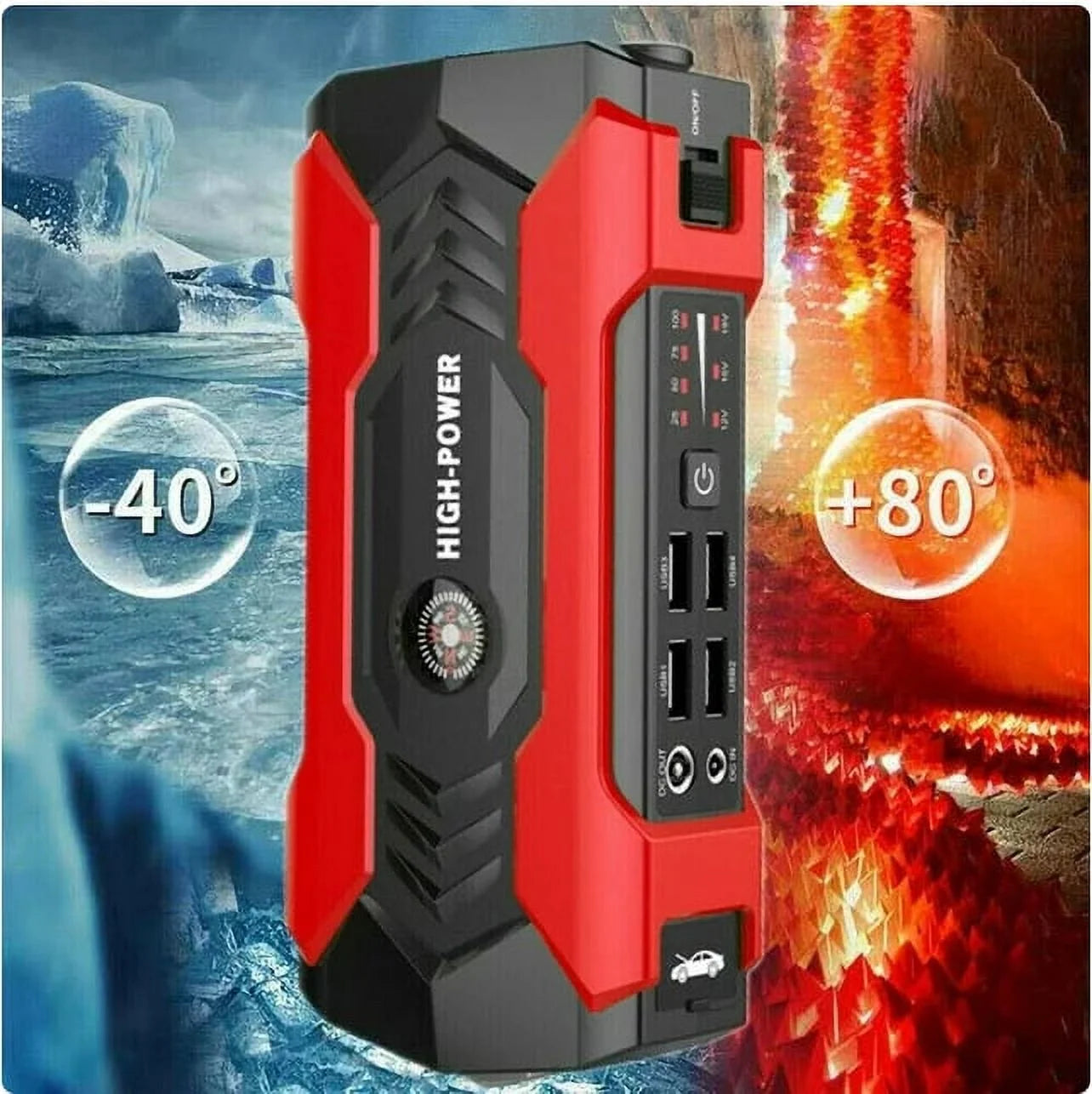 99800Mah Car Jump Starter, Peak Car Battery Charger, 12V Jump Box Jumper Battery Pack, Portable Charger, Emergency LED Light, Escape Safty Hammer, Compass