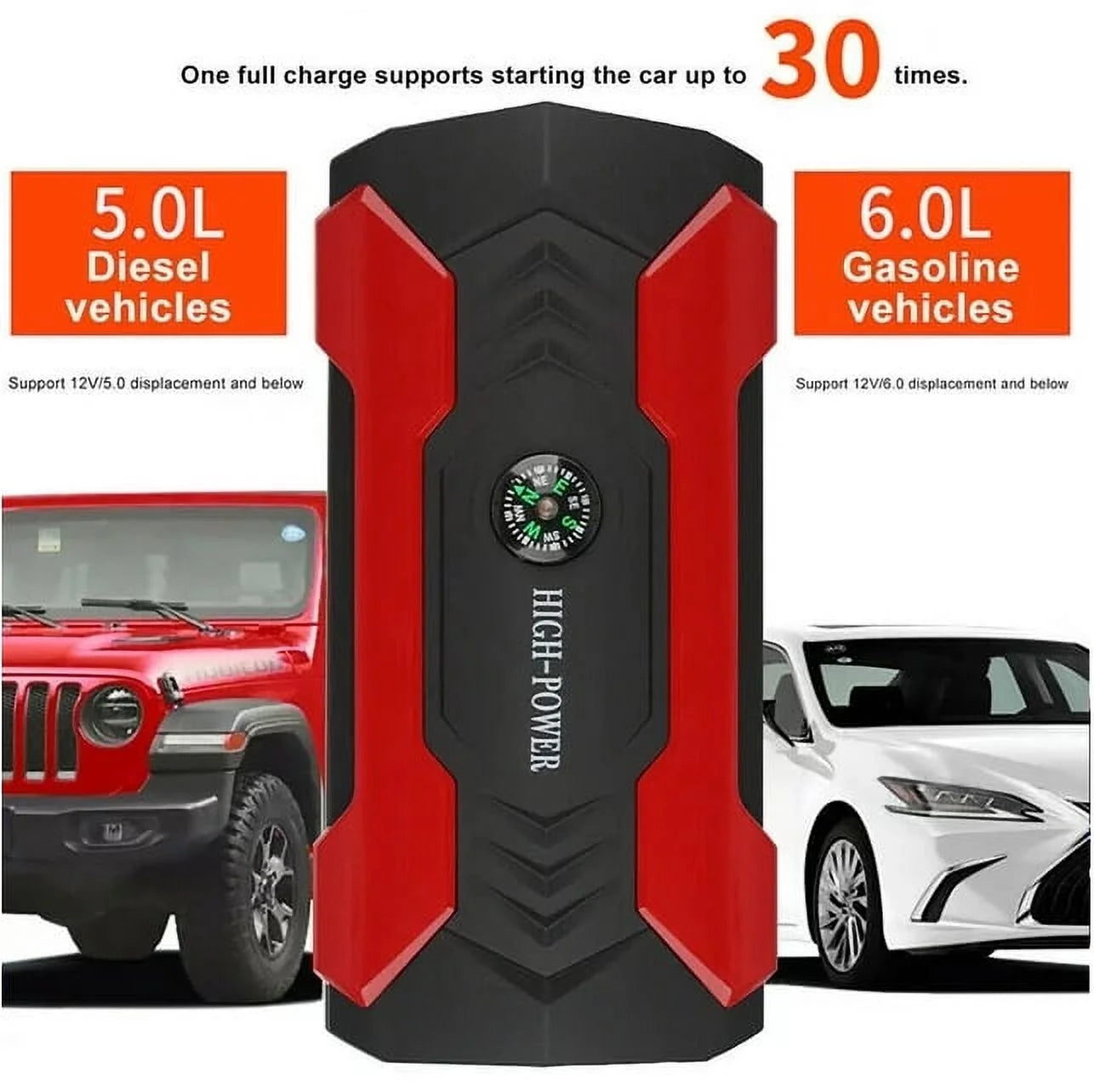 99800Mah Car Jump Starter, Peak Car Battery Charger, 12V Jump Box Jumper Battery Pack, Portable Charger, Emergency LED Light, Escape Safty Hammer, Compass