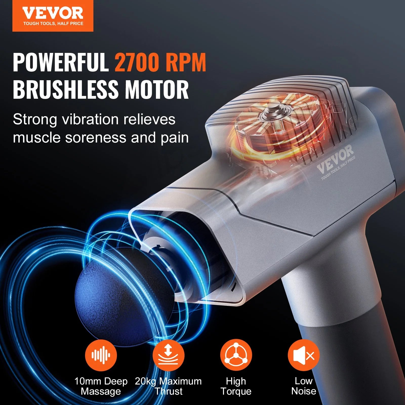 VEVOR Massage Gun Deep Tissue, Percussion Muscle Massager for Athletes - with 8 Speed Levels & 6 Massage Heads, 16V 2500Mah Batteries, Handheld Massage Gun for Pain Relief, Muscle Relaxation