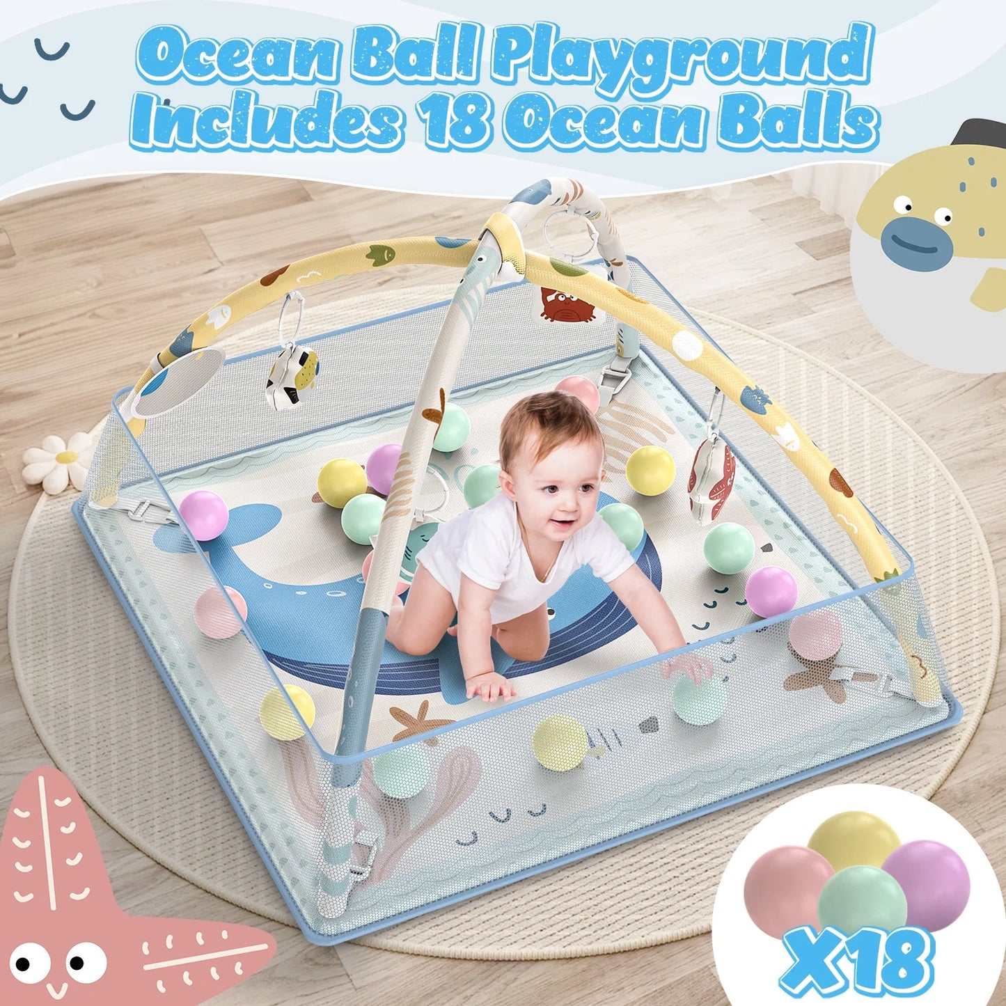 5-In-1 Baby Gym & Play Mat, Tummy Time Toys with Sensory Toys & 18 Balls for Newborns and Infants 0-12 Months, Whale