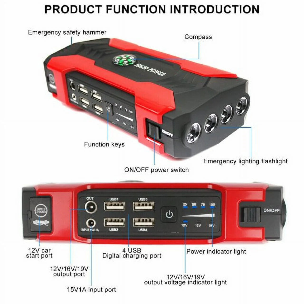 99800Mah Car Jump Starter, Peak Car Battery Charger, 12V Jump Box Jumper Battery Pack, Portable Charger, Emergency LED Light, Escape Safty Hammer, Compass