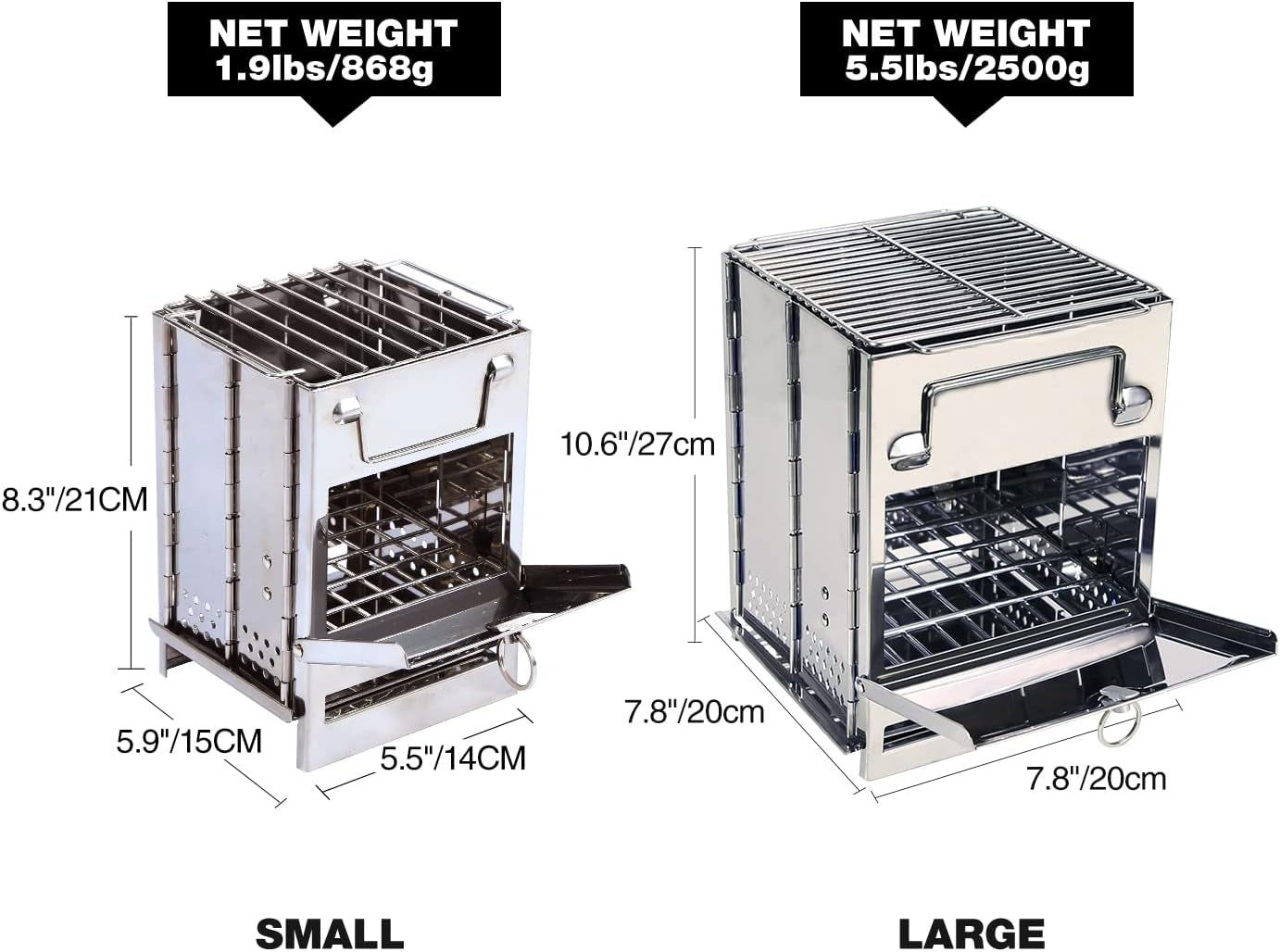 Wood Burning Folding Camp Stove Stainless Steel Grill, Portable Collapsible Backpacking Stove Survival Rocket Stove for Hiking Outdoor Tent Camping Picnic BBQ, Large