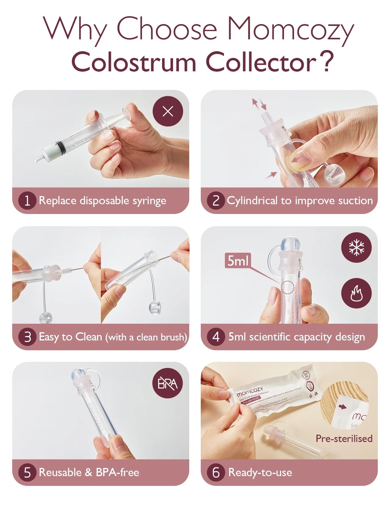 Colostrum Collector, Portable Reusable Breast Milk Collector and Storage Bottles, 5Ml, 6Pcs