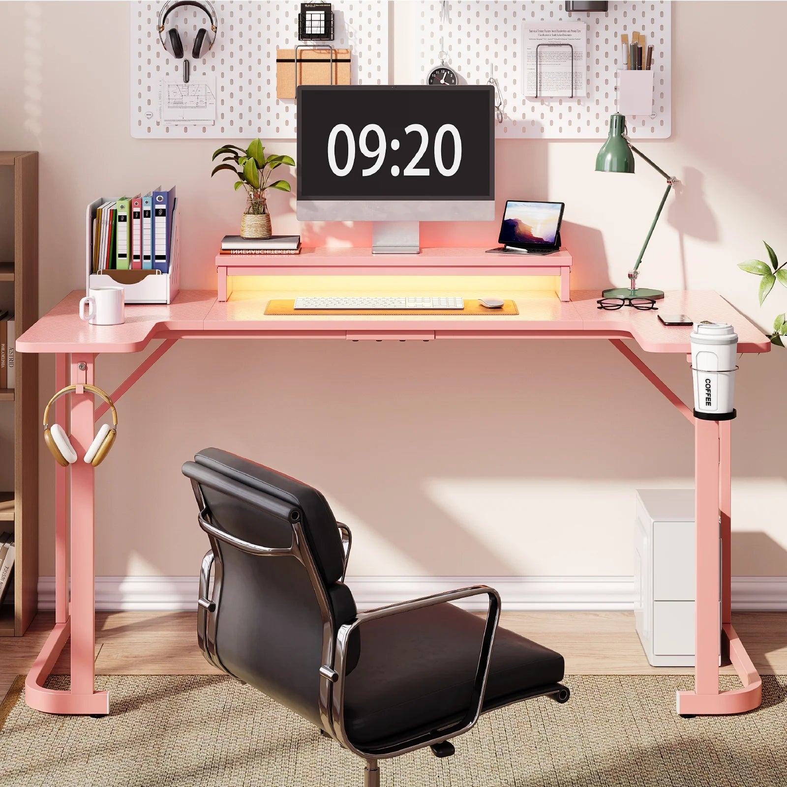 59 Inch Gaming Desk with LED Lights, U-Shaped Computer Desk with Monitor Stand, Hooks and Cup Holder, Home Office Desk, Pink