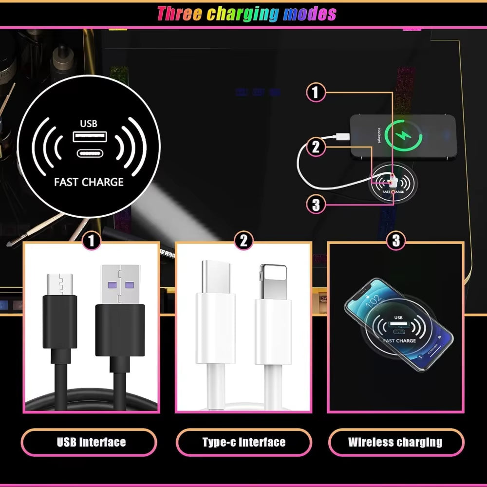 Makeup Vanity with Mirror: Makeup Desk - Dressing Table with Drawers - Vanity Set with RGB LED Lights&Wireless Charging Station