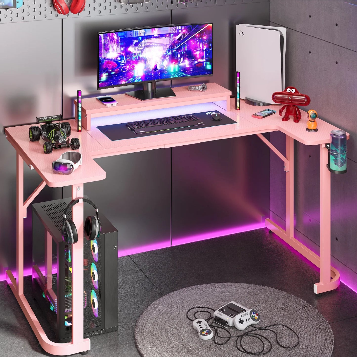 59 Inch Gaming Desk with LED Lights, U-Shaped Computer Desk with Monitor Stand, Hooks and Cup Holder, Home Office Desk, Pink